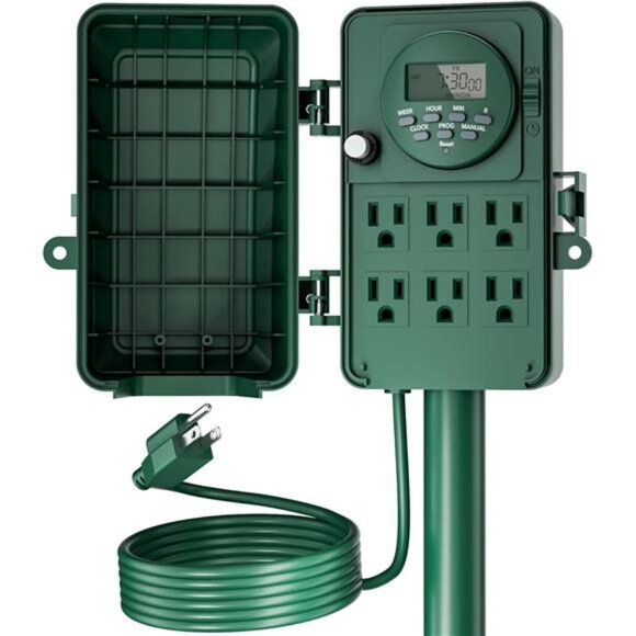 7 Day Heavy Duty Outdoor Digital Stake Timer, 6 Outlets, Weatherproof - Picture 1 of 7